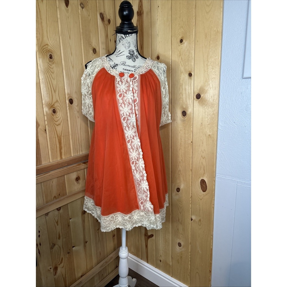 VTG Intime Set 2-Layer Chiffon Lace Lingerie Dress Nightgown Peignoir Robe Mini